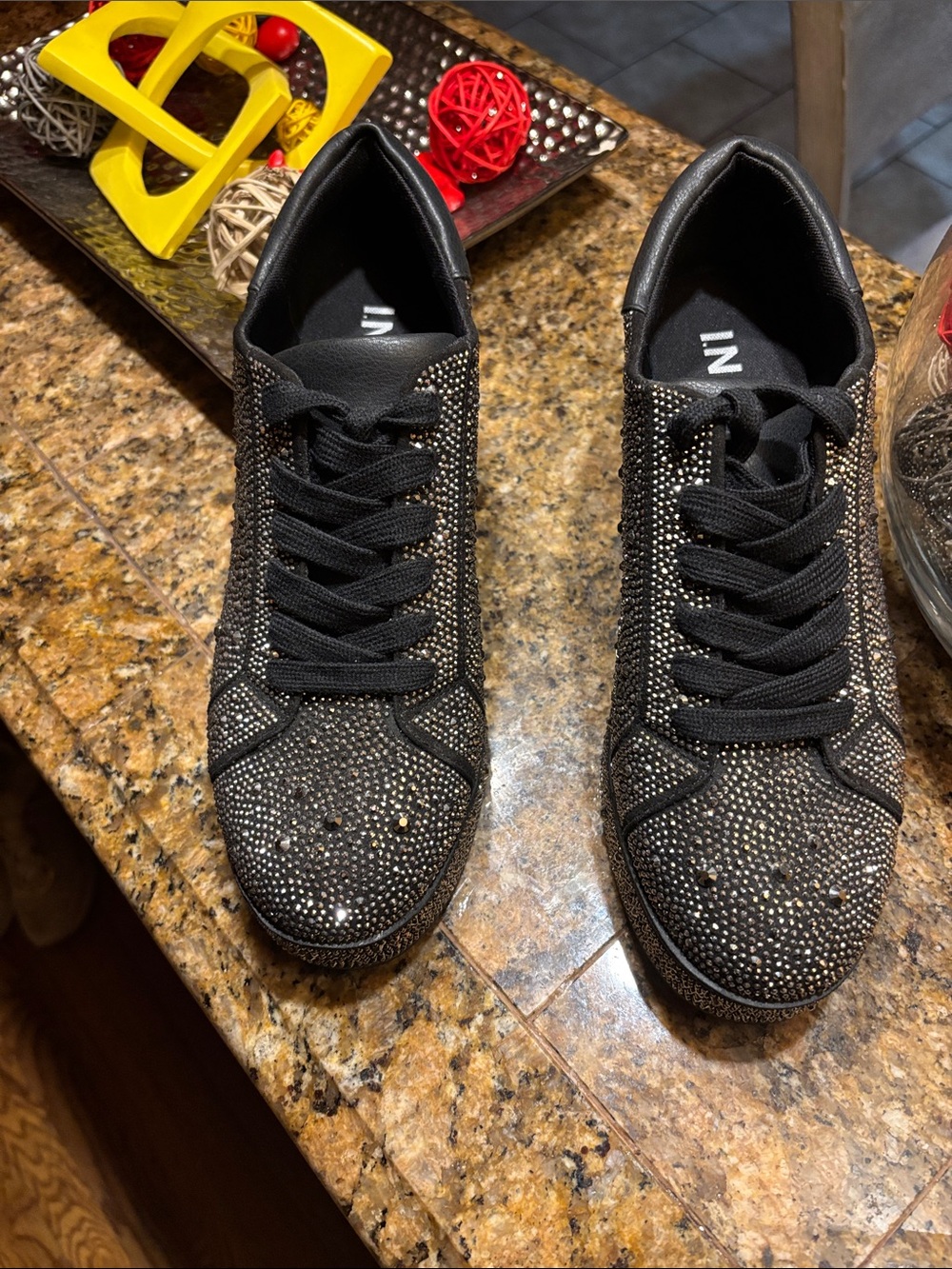 Black platform sneakers with all-over rhinestone embellishment. - Picture 2 of 9